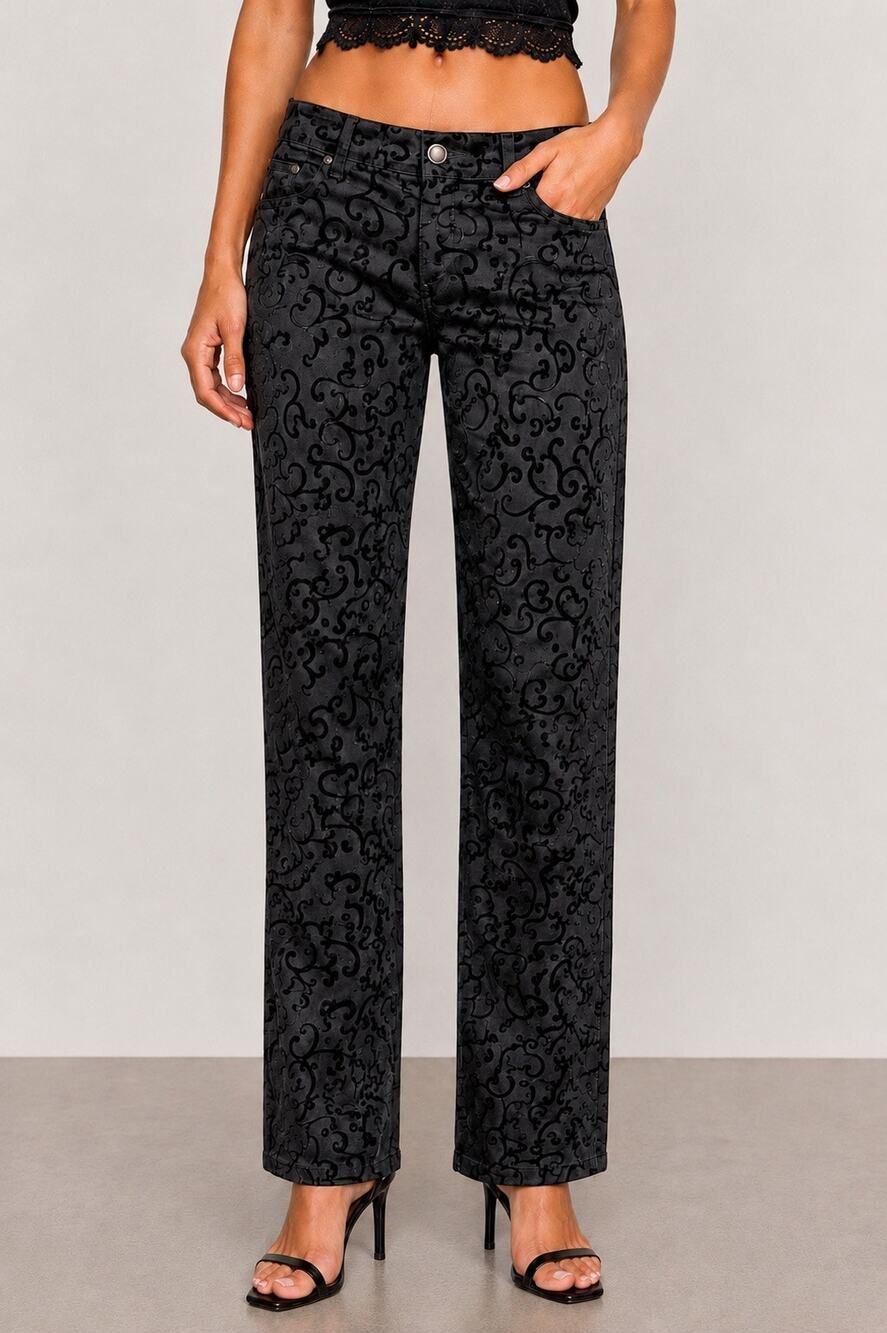Vintage GUESS Sz 26 Black Flocked Damask Pants Whimsigoth Velvet Paisley